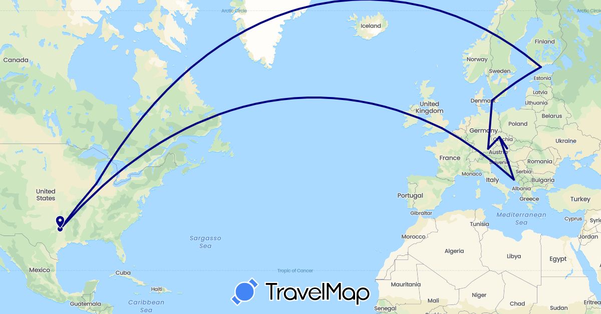 TravelMap itinerary: driving in Austria, Czech Republic, Germany, Denmark, Finland, United Kingdom, Croatia, United States (Europe, North America)